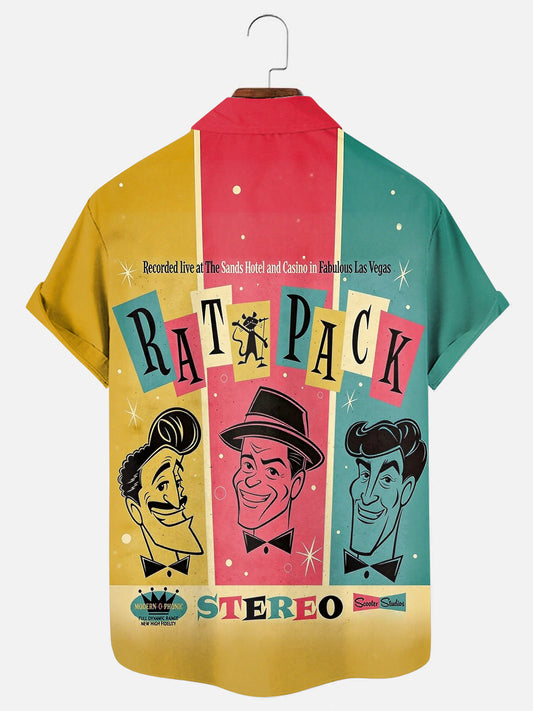 Men's Vintage Medieval Rat Pack Poster Print Hawaiian Short Sleeve Pocket Shirt