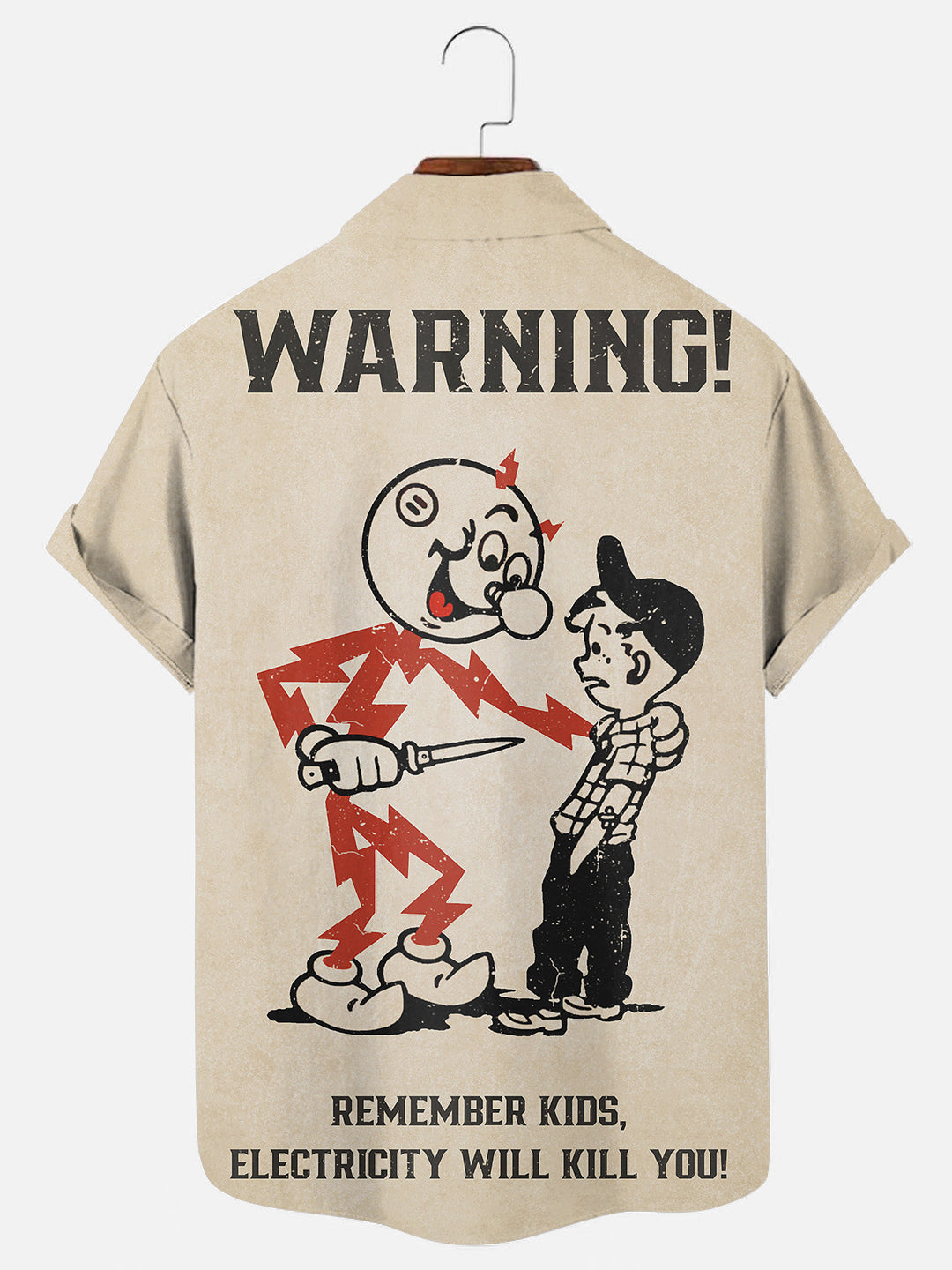 Men's 70's Vintage Electricity Warning Logo Print Hawaiian Breathable Short Sleeve Shirt