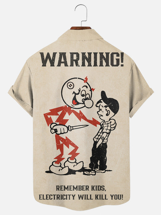 Men's 70's Vintage Electricity Warning Logo Print Hawaiian Breathable Short Sleeve Shirt