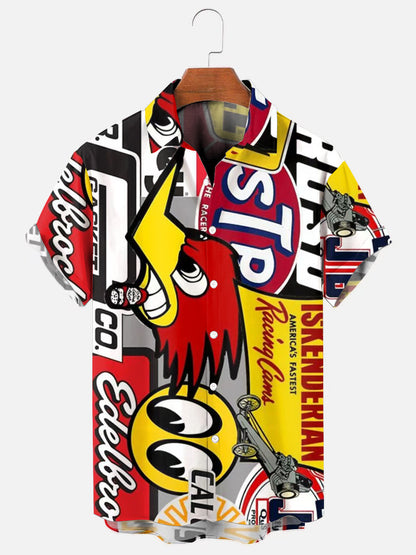 Men's Retro Racing Pattern Print Hawaiian Short Sleeve Shirt