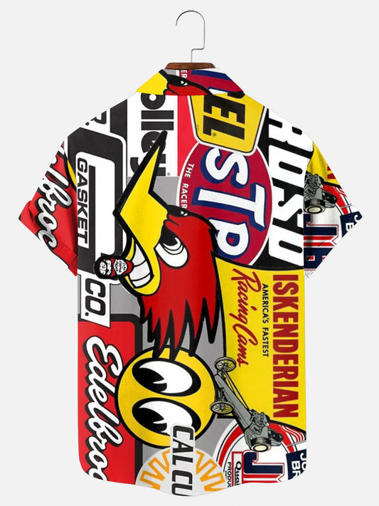 Men's Retro Racing Pattern Print Hawaiian Short Sleeve Shirt