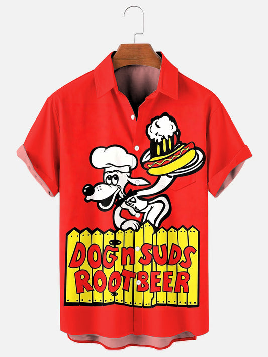 Men's Vintage Dogs N Suds Art Print Casual Short Sleeve Pocket Shirt