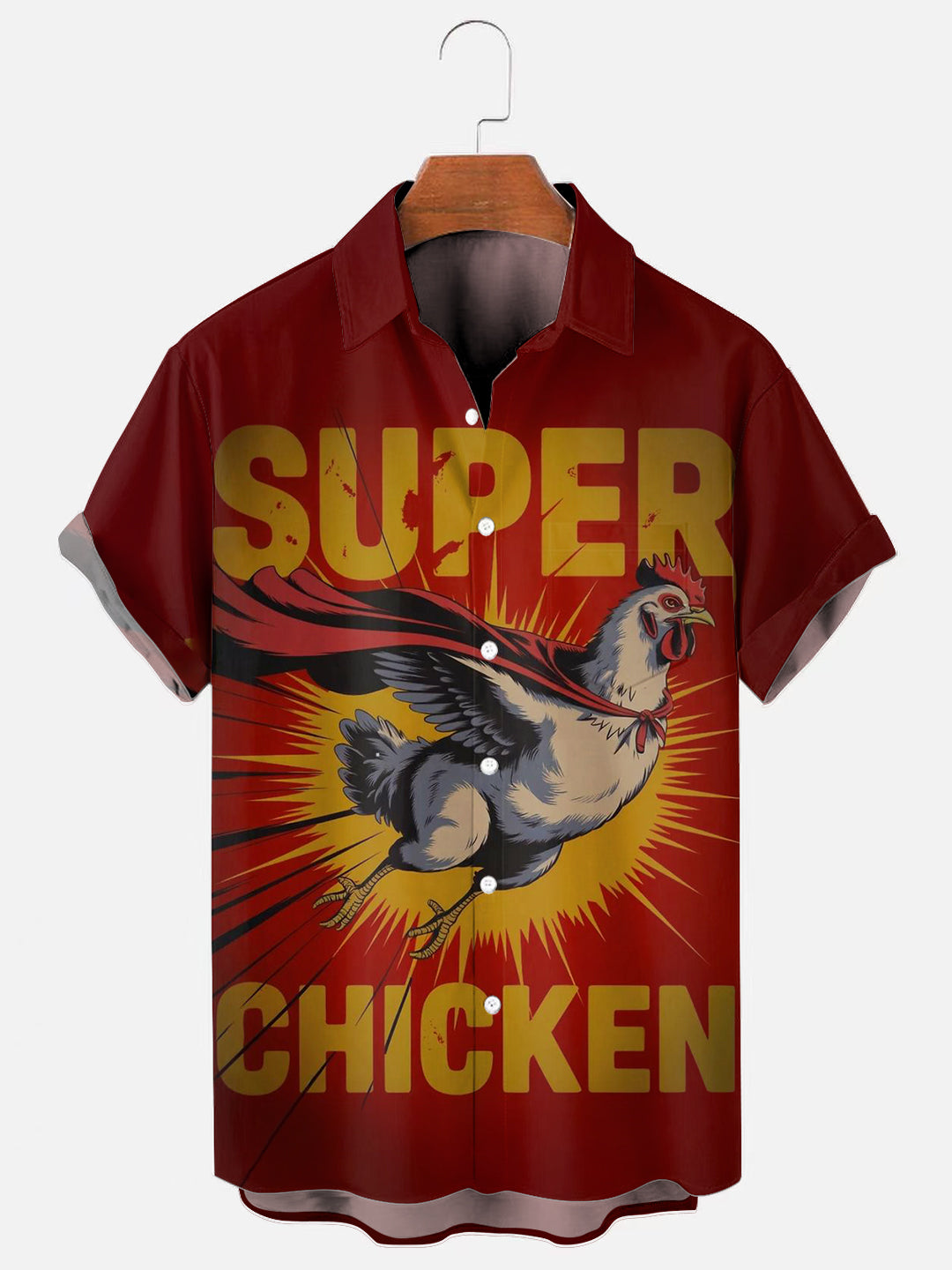 Men's Super Chicken Poster Print Casual Short Sleeve Pocket Shirt