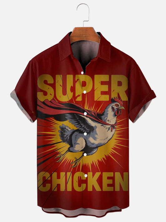 Men's Super Chicken Poster Print Casual Short Sleeve Pocket Shirt