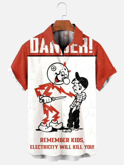 Men's Vintage Electricity Warning Sign Print Casual Short Sleeve Shirt