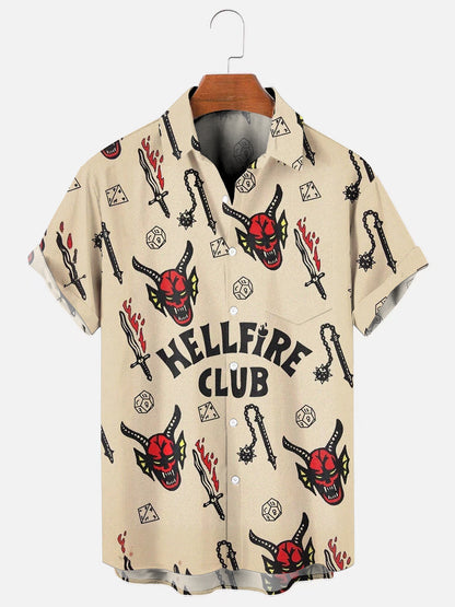 Men's Vintage Movie Tattoo Print Hawaiian Short Sleeve Pocket Shirt