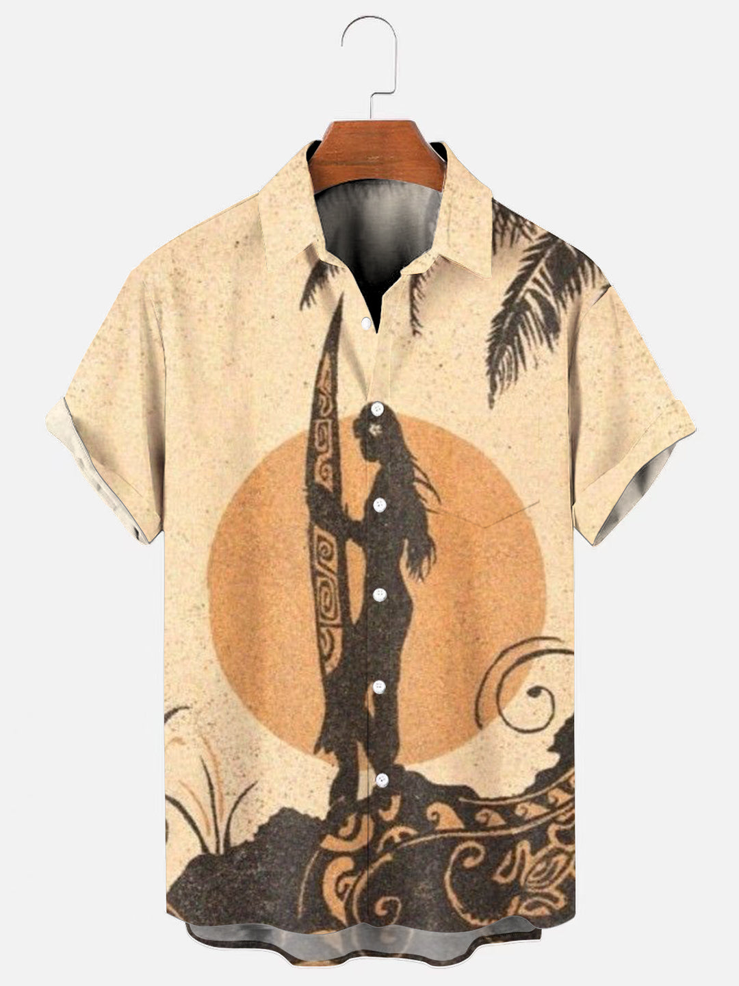 Men's Surfing Girl's Palm Tree Print Hawaiian Short Sleeve Pocket Shirt