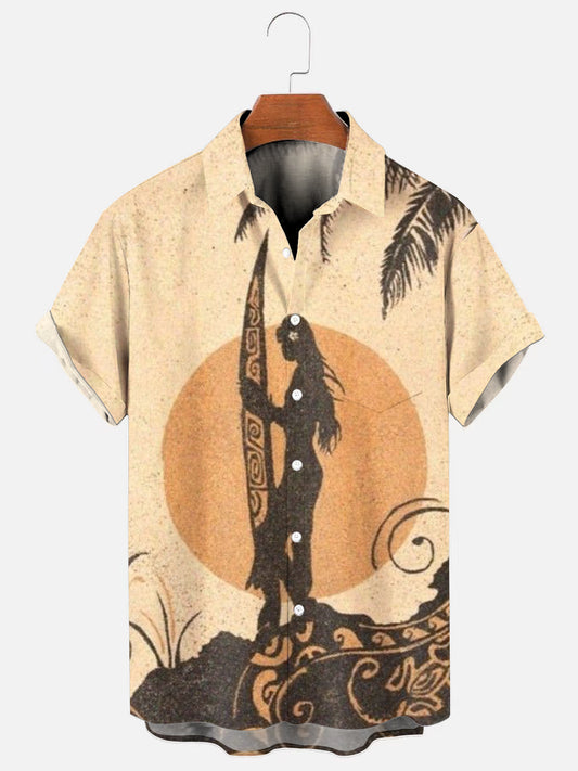 Men's Surfing Girl's Palm Tree Print Hawaiian Short Sleeve Pocket Shirt