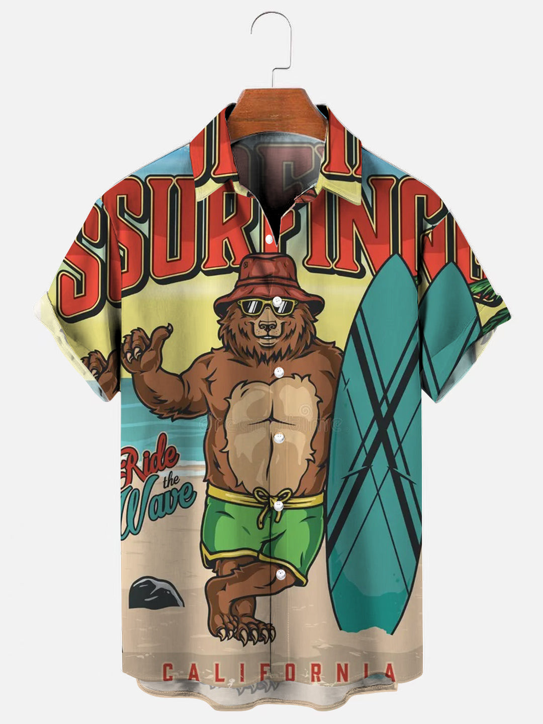 Bear Surfboard Vintage Poster Print Hawaiian Short Sleeve Shirt