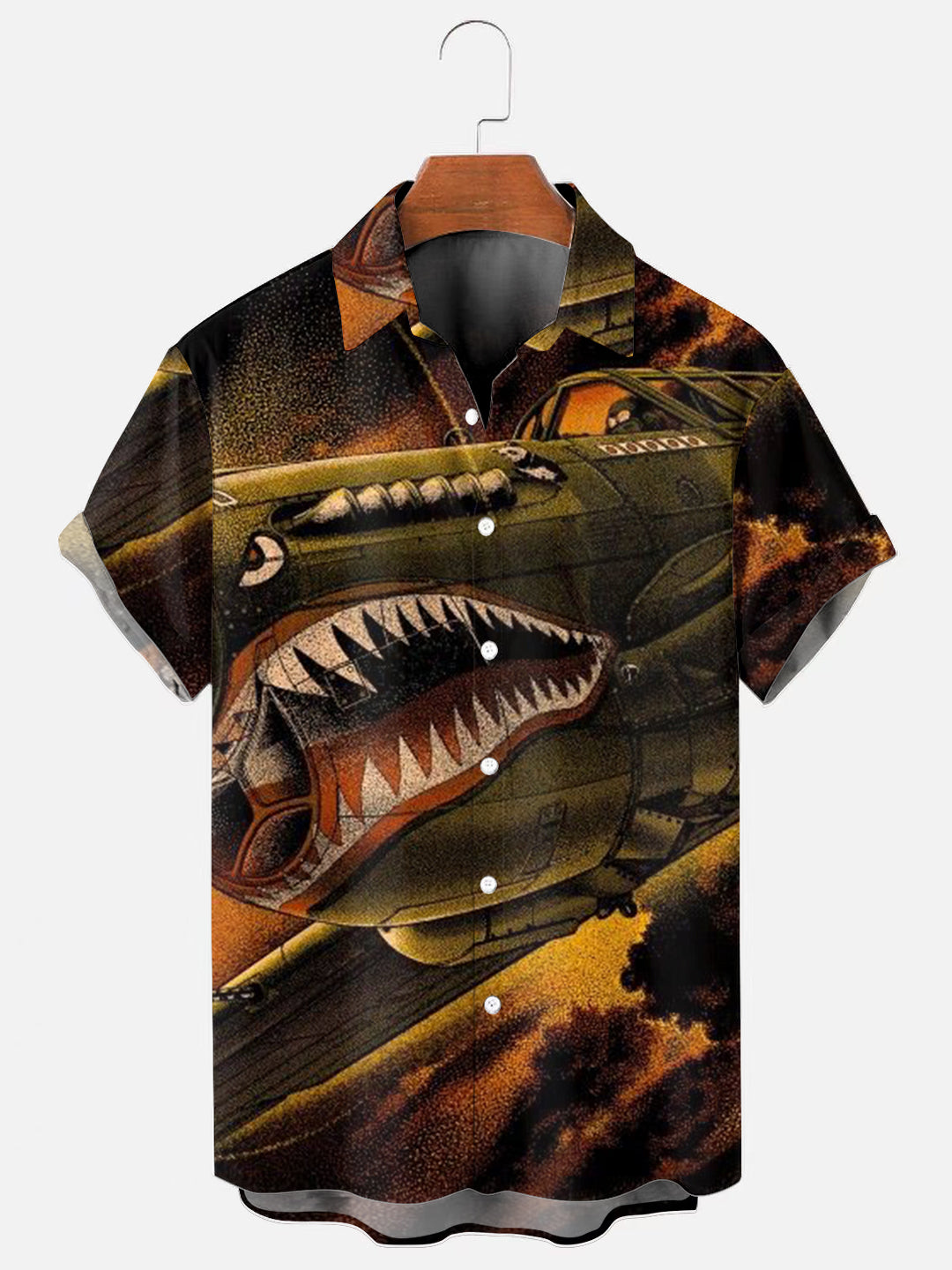 Men's Shark Mouth Fighter Jet Art Print Hawaiian Short Sleeve Shirt