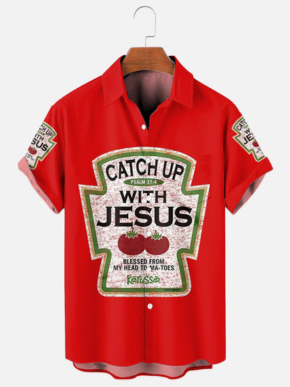 Catch Up With Jesus Printed Casual Short Sleeve Shirt With Pocket