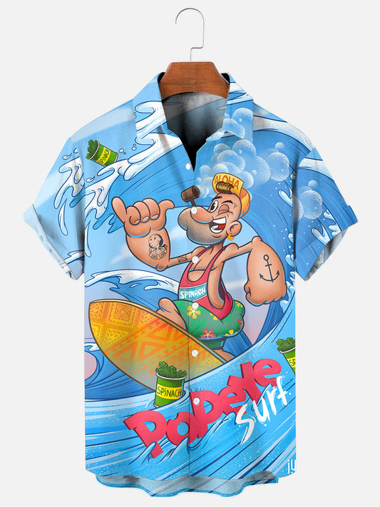 Men's Cartoon Sailor Surfing Print Hawaiian Short Sleeve Shirt