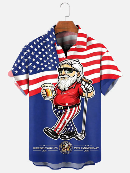 Men's 250th Anniversary Golf And Beer Print Hawaiian Short Sleeve Pocket Shirt