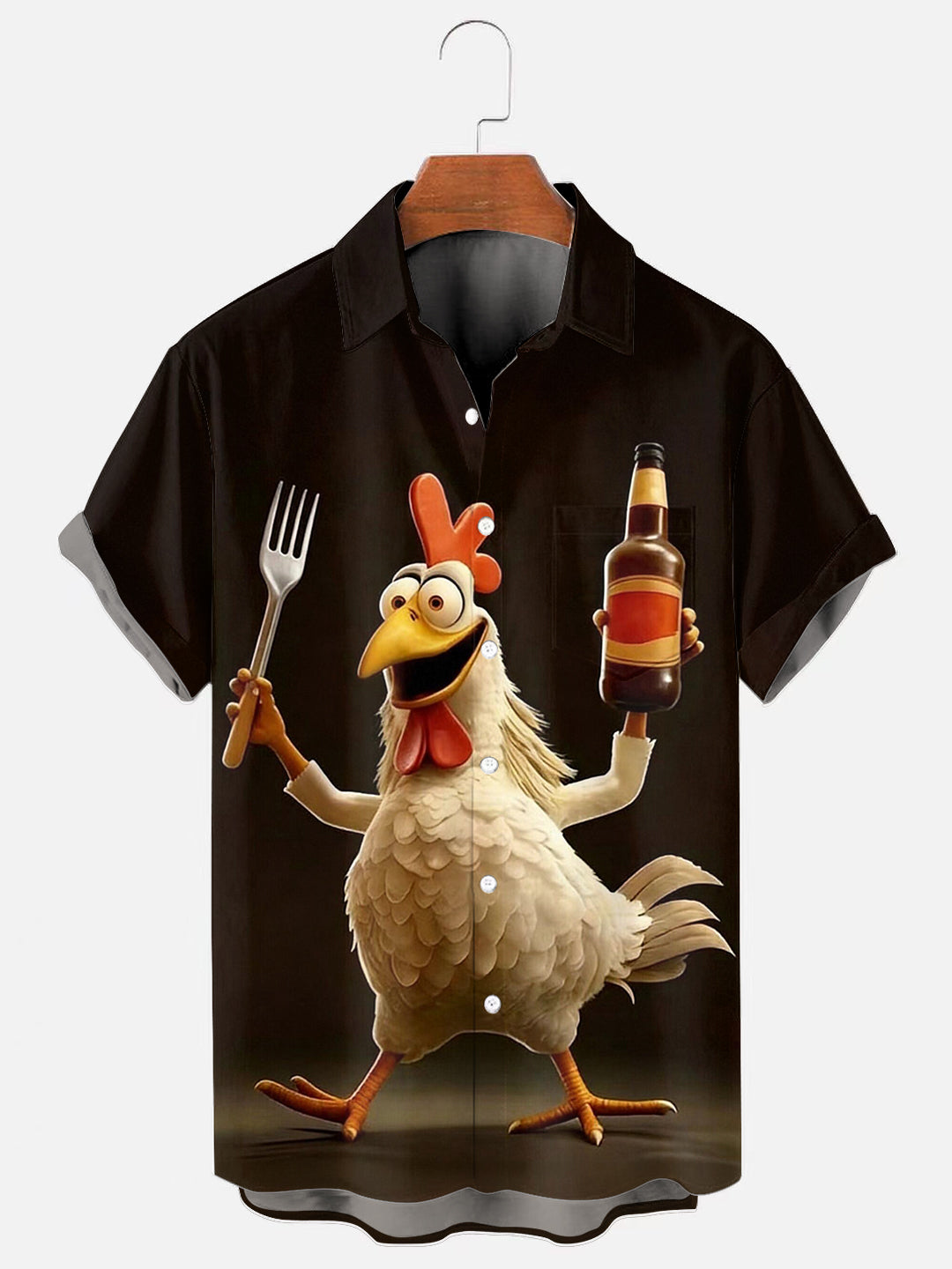 Men's Cartoon Chicken Print Casual Short Sleeve Pocket Shirt