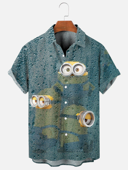 Men's Cartoon Character Print Hawaiian Chest Pocket Short Sleeve Shirt