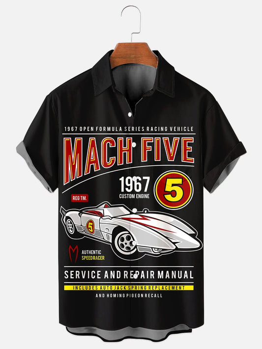 Men's Vintage Racing Car Print Casual Short Sleeve Pocket Shirt