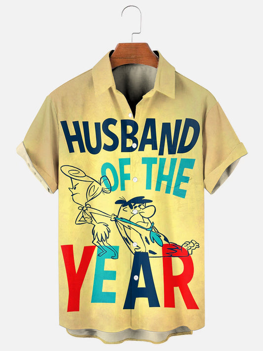 Men's Vintage Best Husband of the Year Poster Print Casual Short-Sleeve Pocket Shirt
