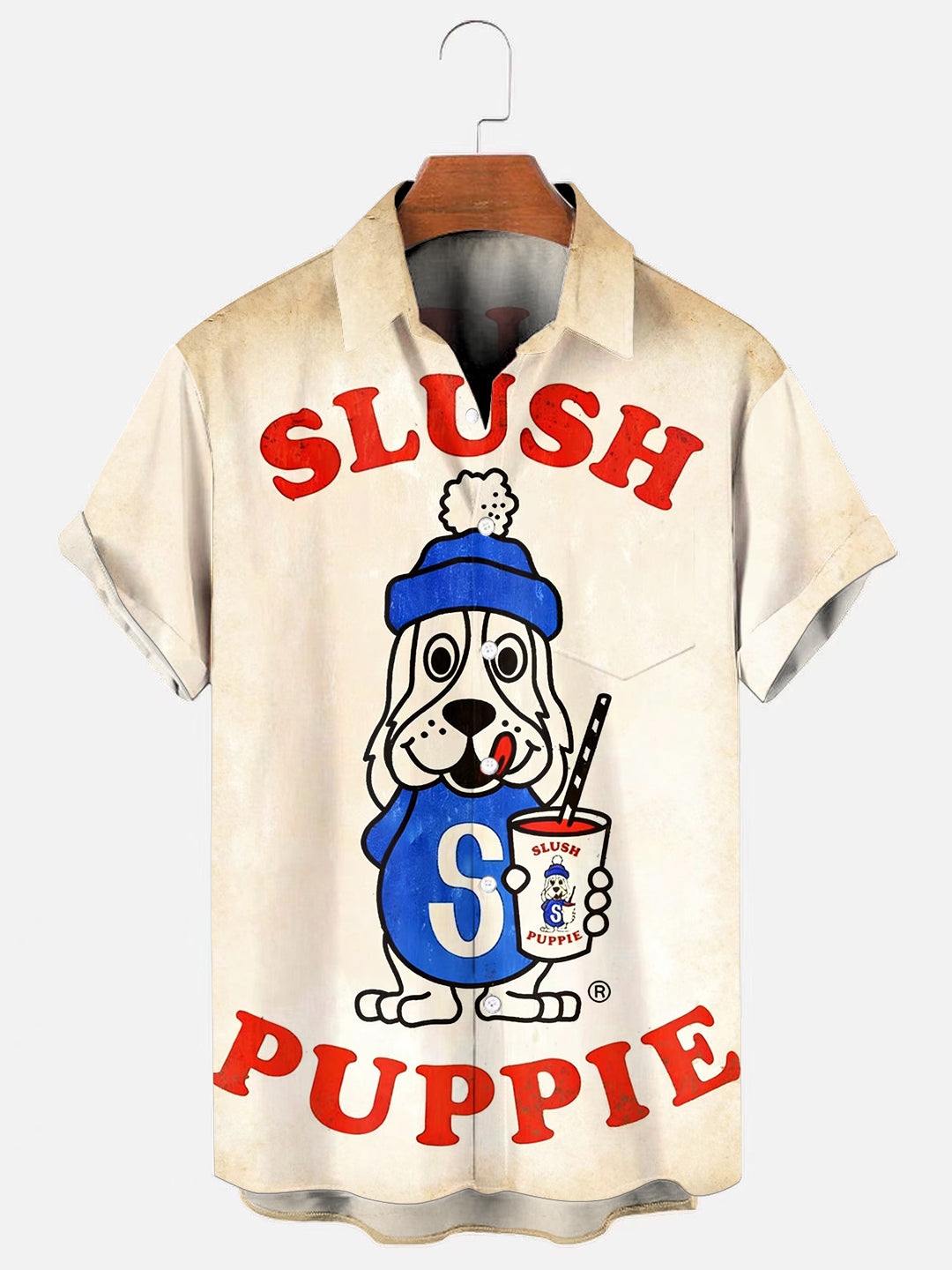 Men's Vintage Cartoon Dog Smoothie Mascot Poster Print Casual Short Sleeve Pocket Shirt