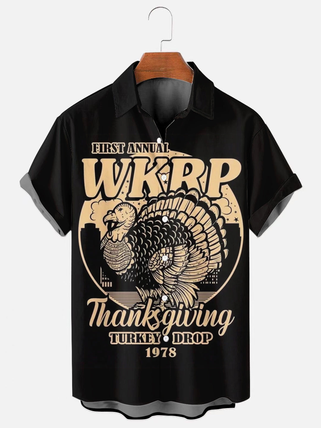 Men's Thanksgiving Turkey Retro Poster Print Casual Short Sleeve Shirt