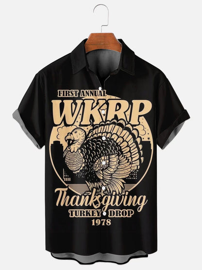 Men's Thanksgiving Turkey Retro Poster Print Casual Short Sleeve Shirt