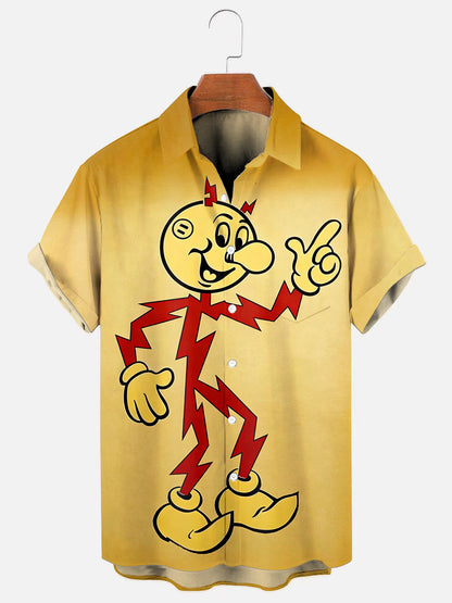 Men's 60s Retro Reddy Kilowatt Print Casual Short Sleeve Pocket Shirt