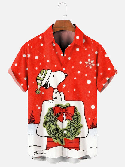 Men's Christmas Wreath Cartoon Print Holiday Short Sleeve Shirt