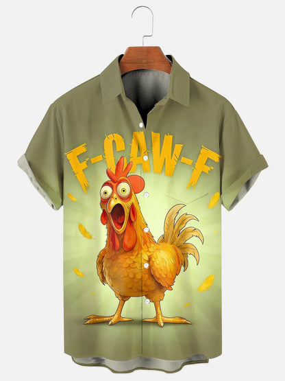 Men's F-Caw-F Funny Chicken Print Hawaiian Short Sleeve Pocket Shirt