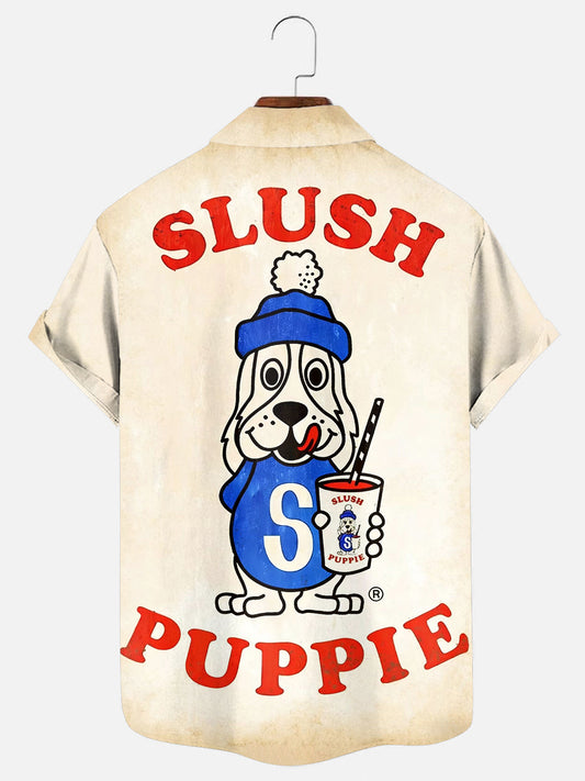 Men's Vintage Cartoon Dog Smoothie Mascot Poster Print Casual Short Sleeve Pocket Shirt