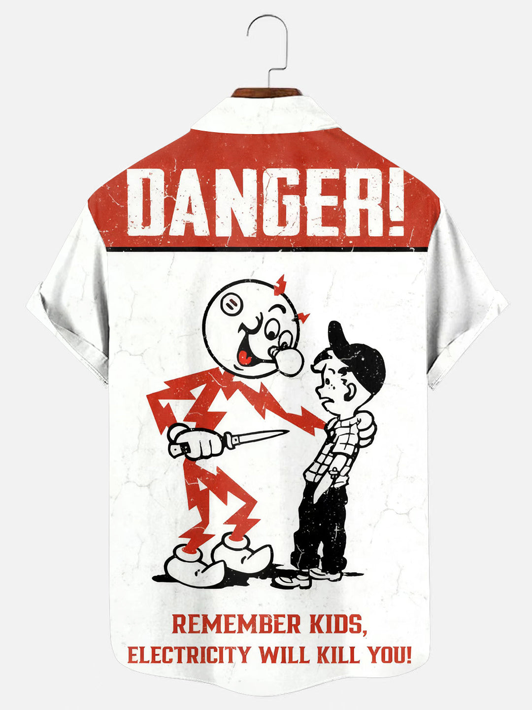 Men's Vintage Electricity Warning Sign Print Casual Short Sleeve Shirt