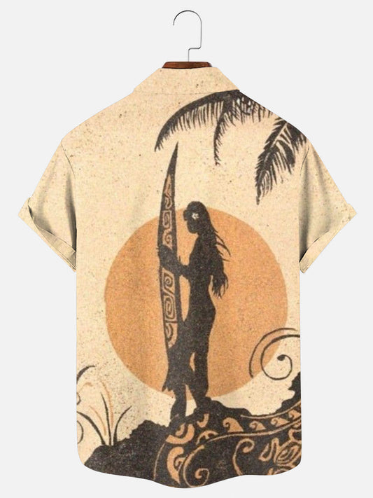 Men's Surfing Girl's Palm Tree Print Hawaiian Short Sleeve Pocket Shirt