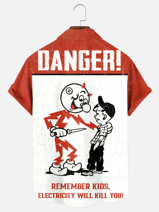 Men's Vintage Electricity Warning Sign Print Casual Short Sleeve Shirt