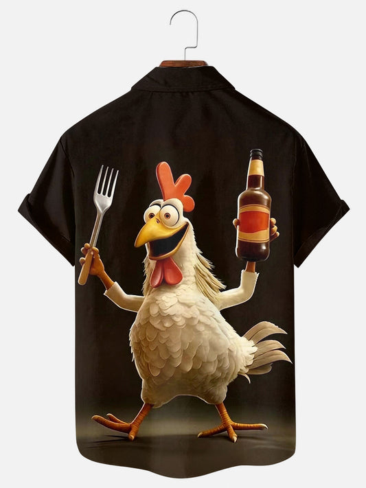 Men's Cartoon Chicken Print Casual Short Sleeve Pocket Shirt