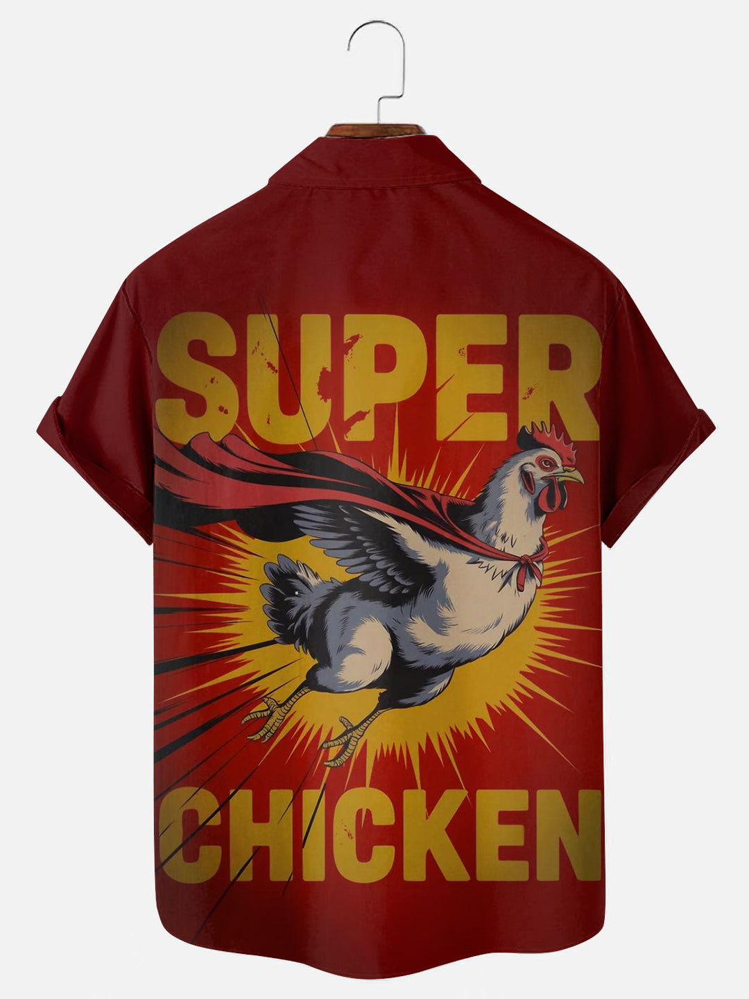 Men's Super Chicken Poster Print Casual Short Sleeve Pocket Shirt
