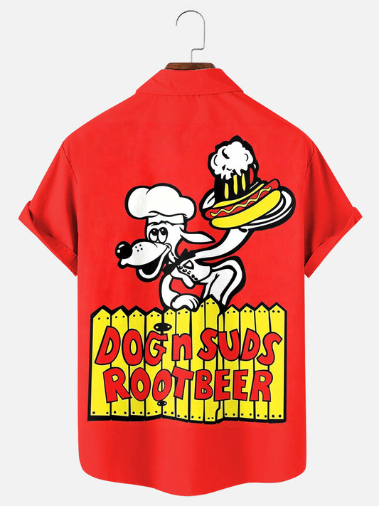 Men's Vintage Dogs N Suds Art Print Casual Short Sleeve Pocket Shirt