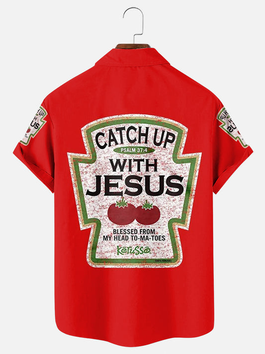 Catch Up With Jesus Printed Casual Short Sleeve Shirt With Pocket