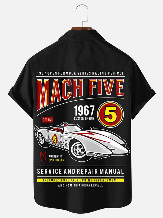 Men's Vintage Racing Car Print Casual Short Sleeve Pocket Shirt