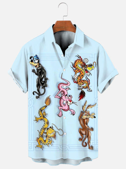 Men's Cartoon Tattoo Print Hawaiian Short Sleeve Pocket Shirt