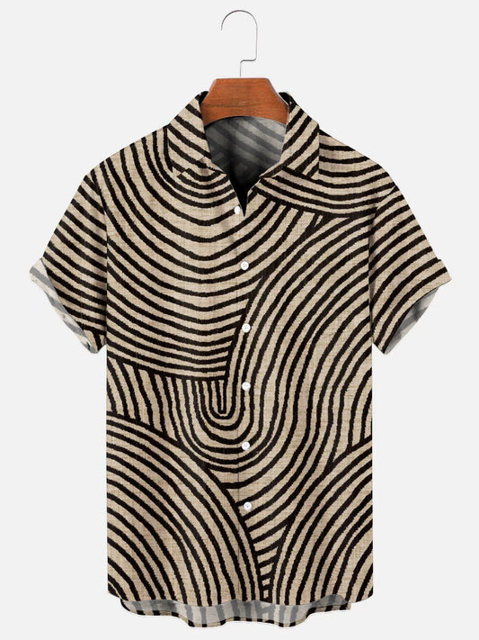 Men's Retro Abstract Line Art Print Hawaiian Short Sleeve Pocket Shirt