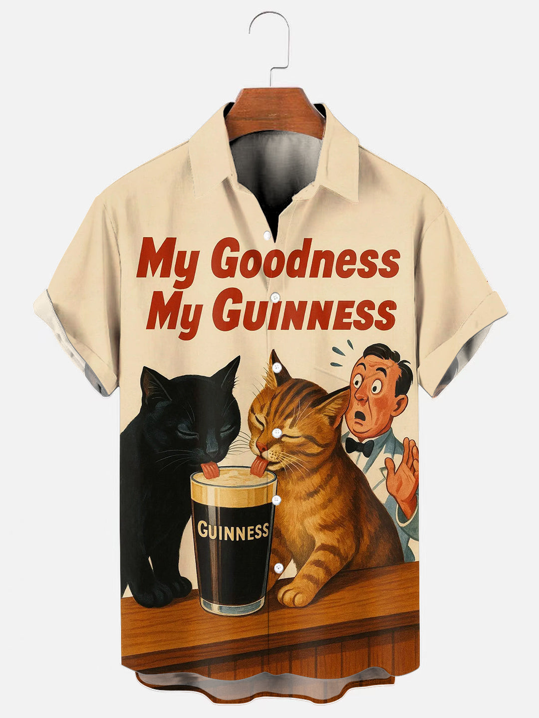Two Cats Sharing A Beer Retro Print Hawaiian Short Sleeve Pocket Shirt
