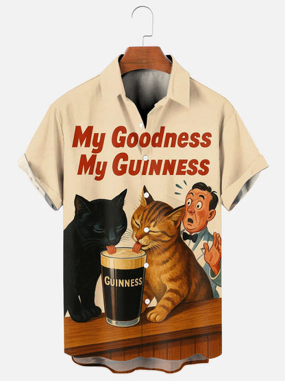 Two Cats Sharing A Beer Retro Print Hawaiian Short Sleeve Pocket Shirt