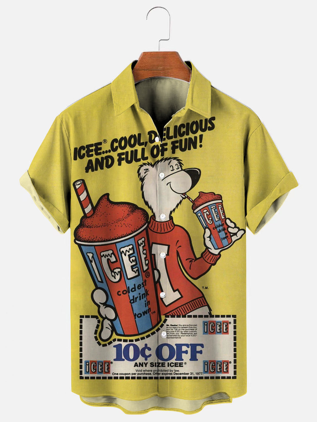 Men's Retro Cartoon Bear Cold Drink Poster Print Hawaiian Short Sleeve Shirt