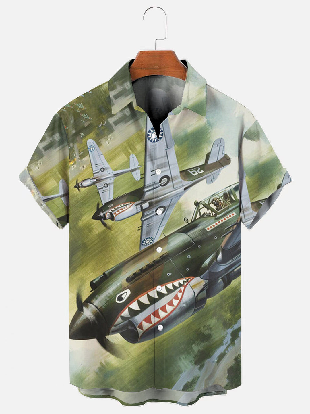 Men's Retro WWII Airplane Art Print Hawaiian Short Sleeve Shirt