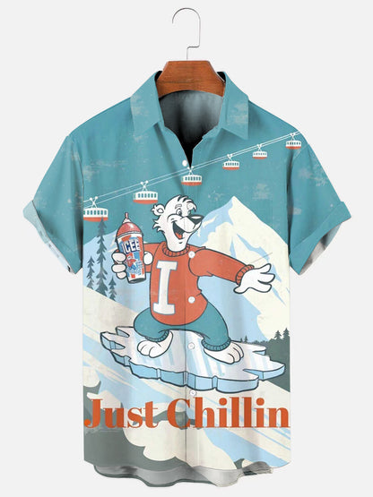 Men's Vintage Icee Iceboarding Bear Printed Hawaiian Pocket Short Sleeve Shirt