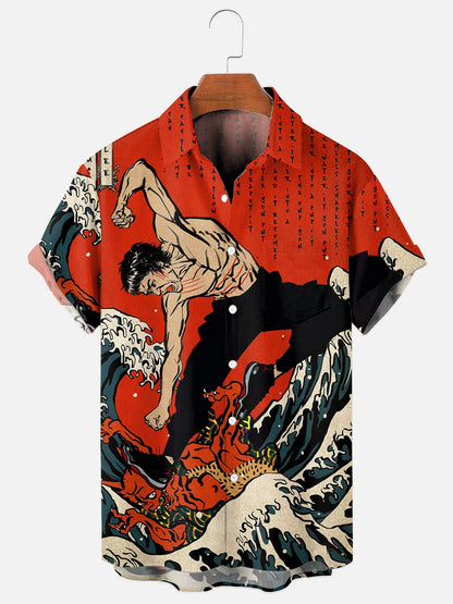 Men's Ukiyo-e Kung Fu Art Print Hawaiian Pocket Short Sleeve Shirt