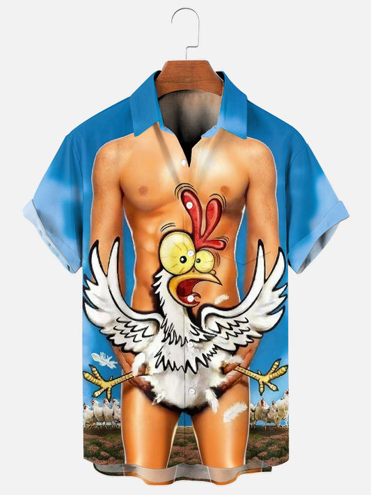 Men's Cartoon Chicken Fun Print Hawaiian Short Sleeve Pocket Shirt