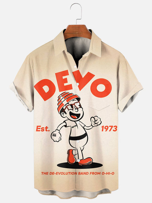 Men's 70s Vintage Cartoon De Evolution Poster Print Hawaiian Pocket Short Sleeve Shirt