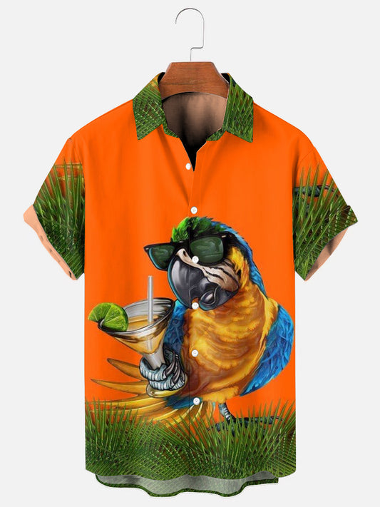 Blue Macaw Cocktail Print Casual Vacation Short Sleeve Shirt