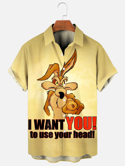 Men's Vintage Coyote Cartoon Print Hawaiian Short-Sleeve Shirt