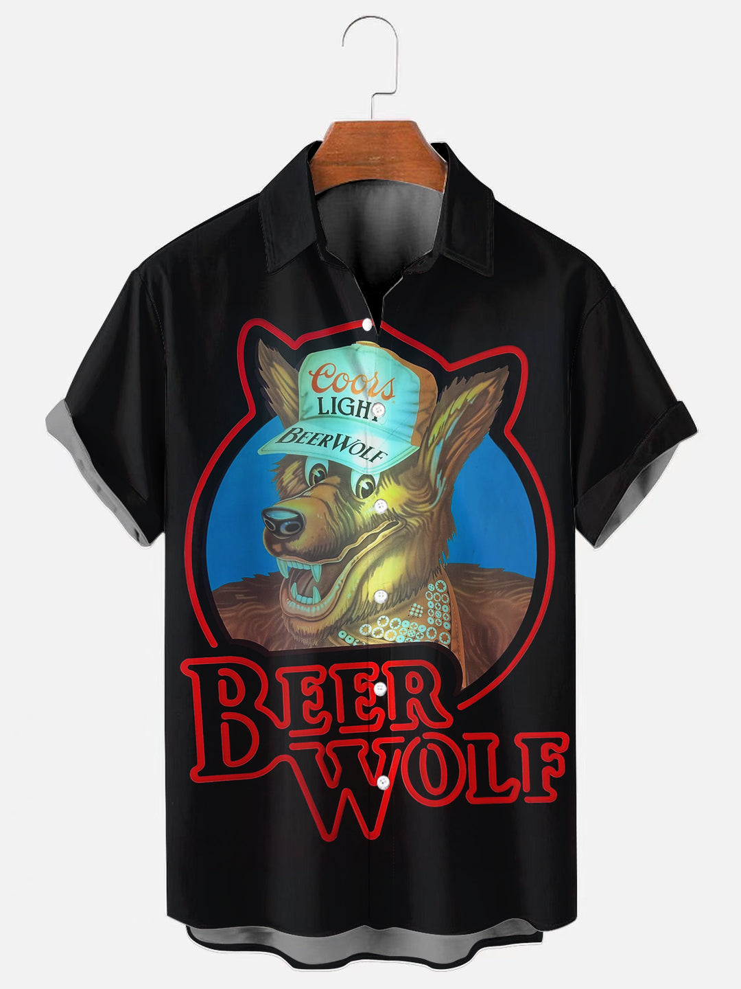 Men's 80s Vintage Beer Wolf Printed Casual Short Sleeve Shirt