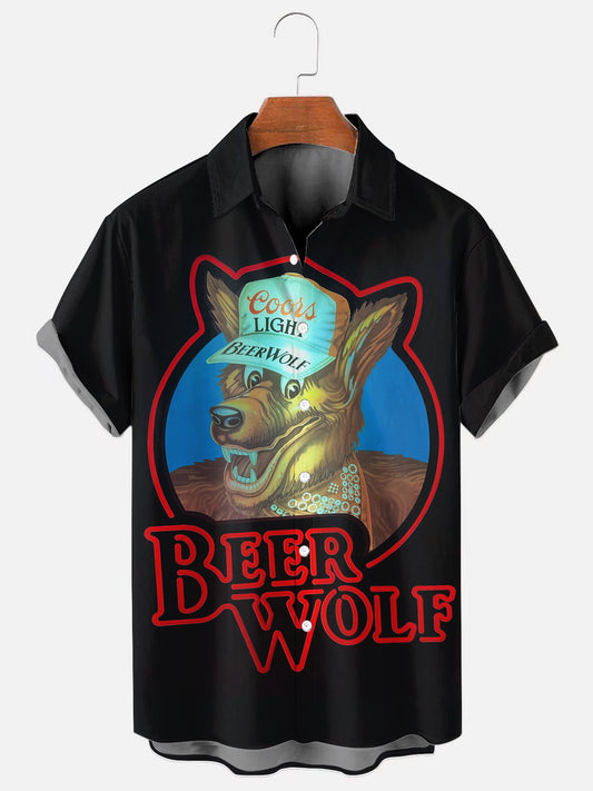 Men's 80s Vintage Beer Wolf Printed Casual Short Sleeve Shirt